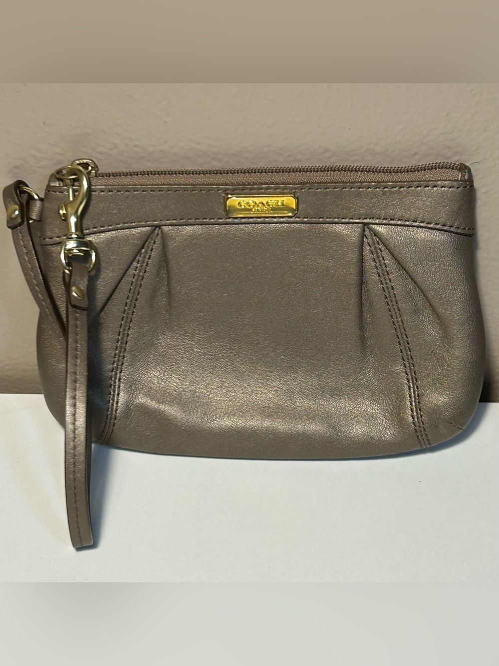 Coach Wristlet Metallic Leather Pleated Medium Clutch Bronze